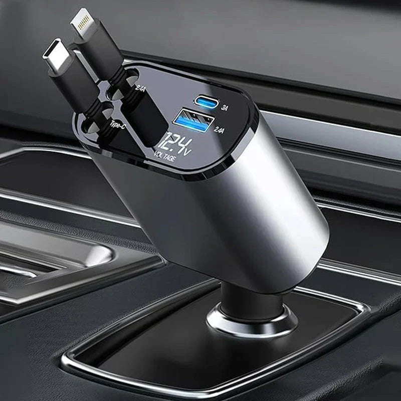 SMARTUNO™ 4 in 1 Retractable cables 2 Type C and iOS Fast Charging Car Phone Charger